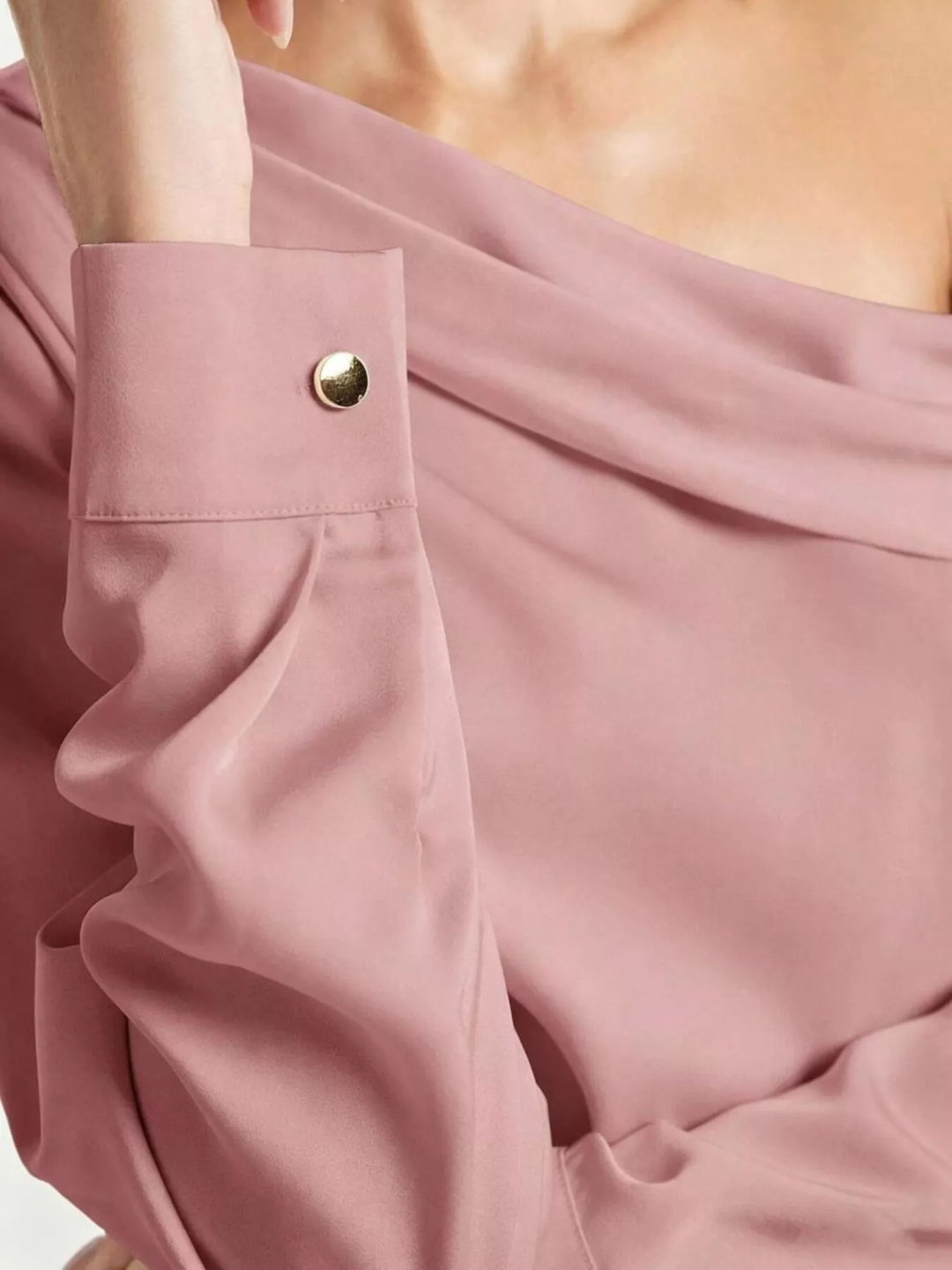 Draped one-shoulder satin blouse with long sleeves and button cuffs