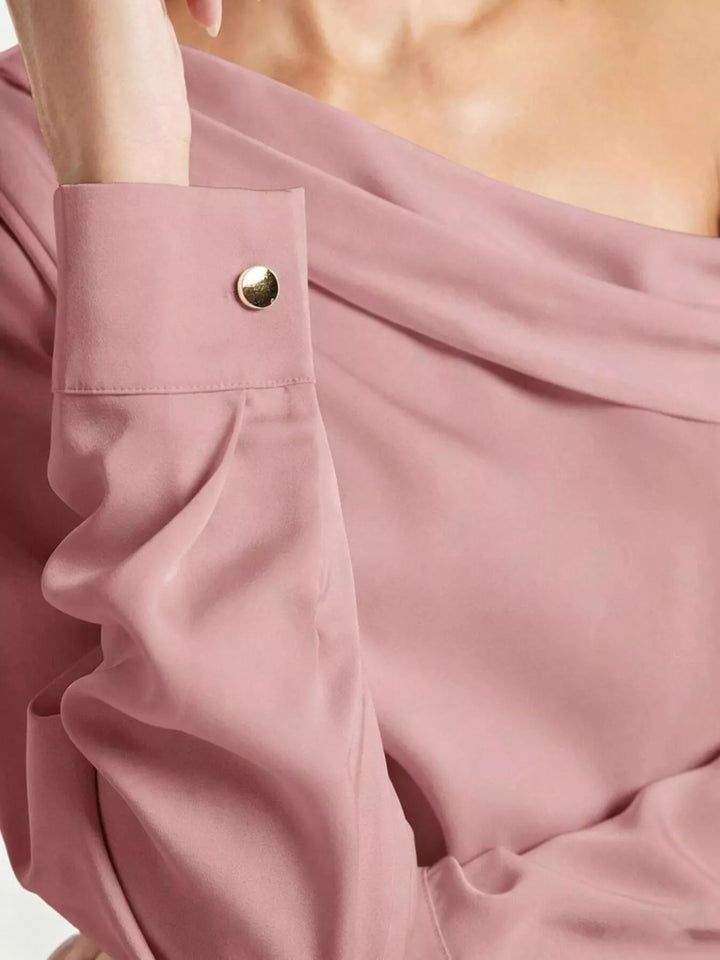 Draped one-shoulder satin blouse with long sleeves and button cuffs