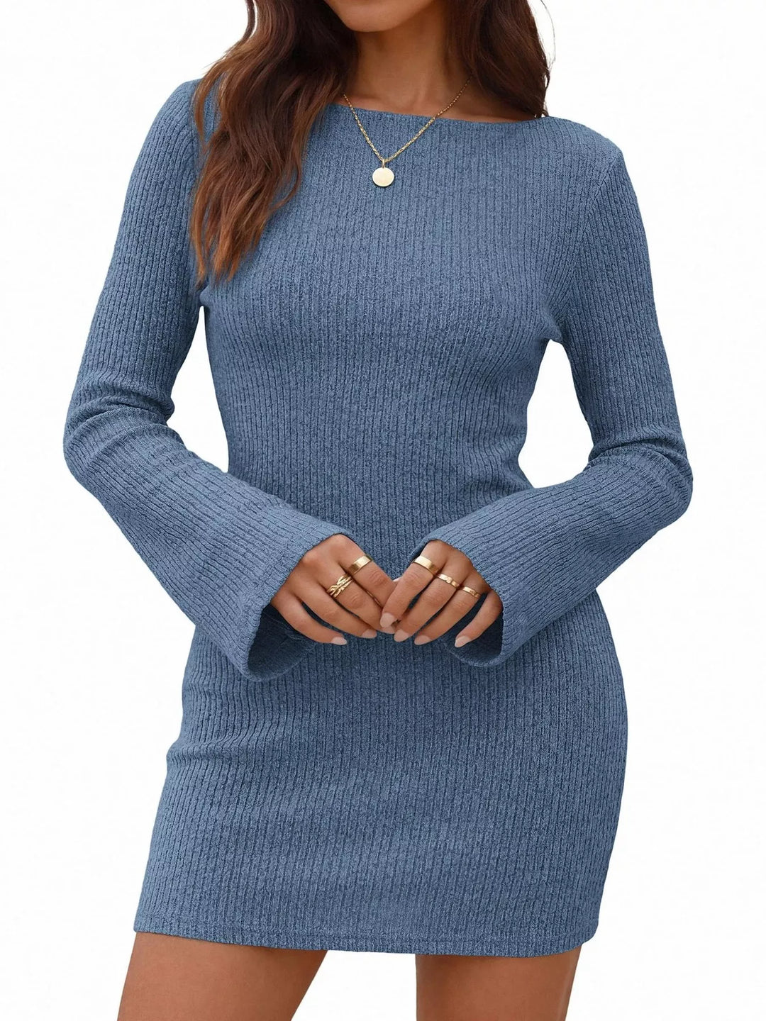 Ribbed knit mini sweater dress with flared sleeves