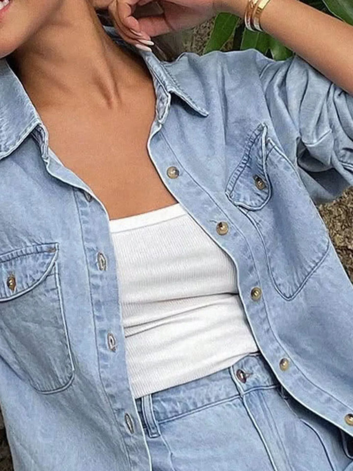 Oversized denim button-up shirt and cuffed shorts set