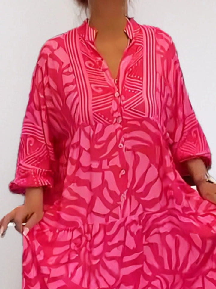 Abstract print button-front tiered midi dress