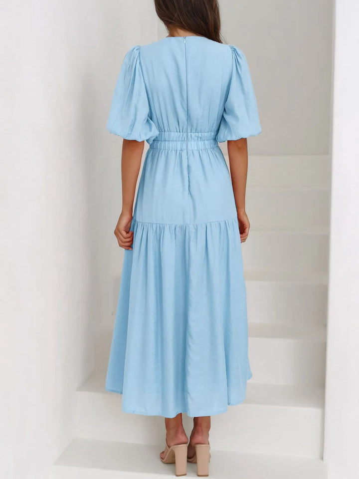 Ruched waist puff sleeve v-neck tiered midi dress