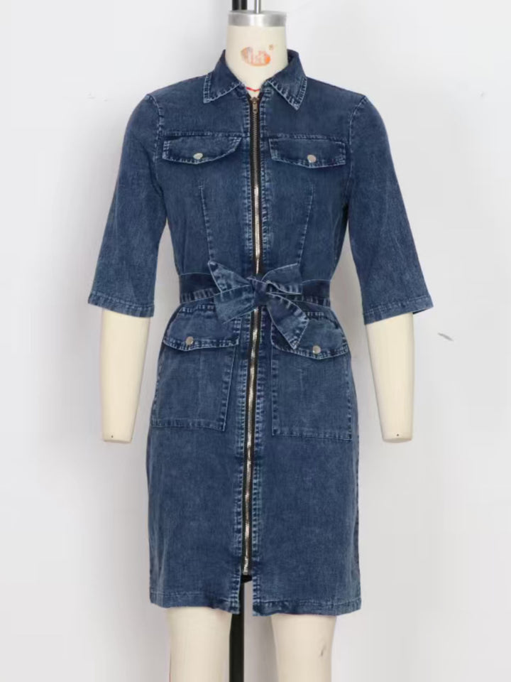 Zip-front tie-waist short sleeve denim mini dress