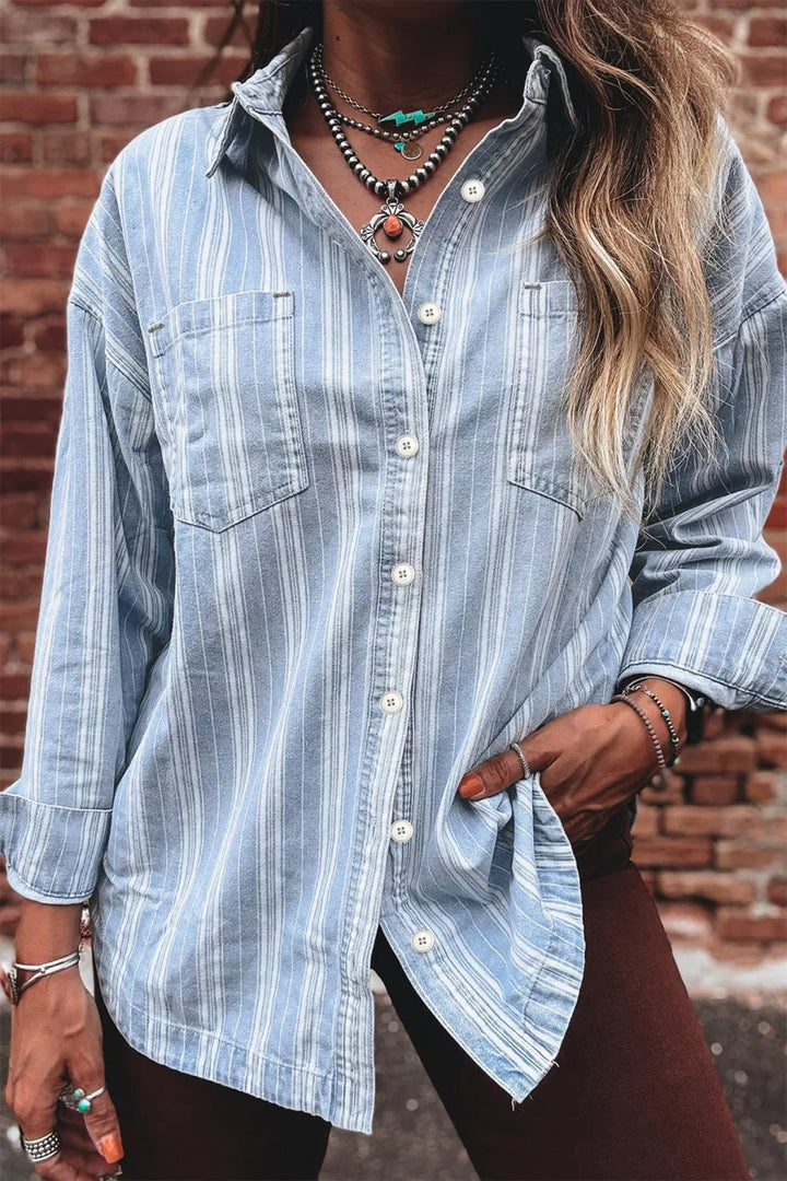 Light Blue Striped denim shacket with chest pockets and raw hem