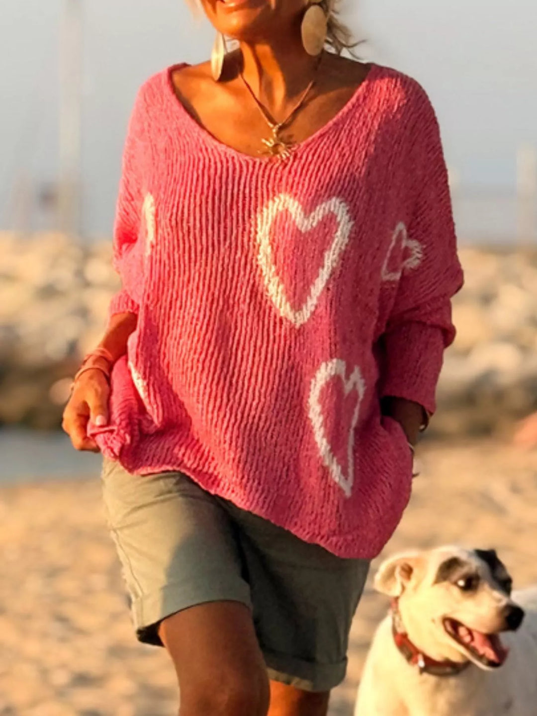 Heart motif V-neck dropped-shoulder knit sweater