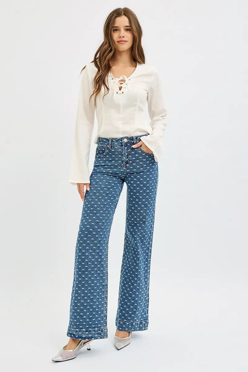 Bow-embroidered high-rise wide leg jeans