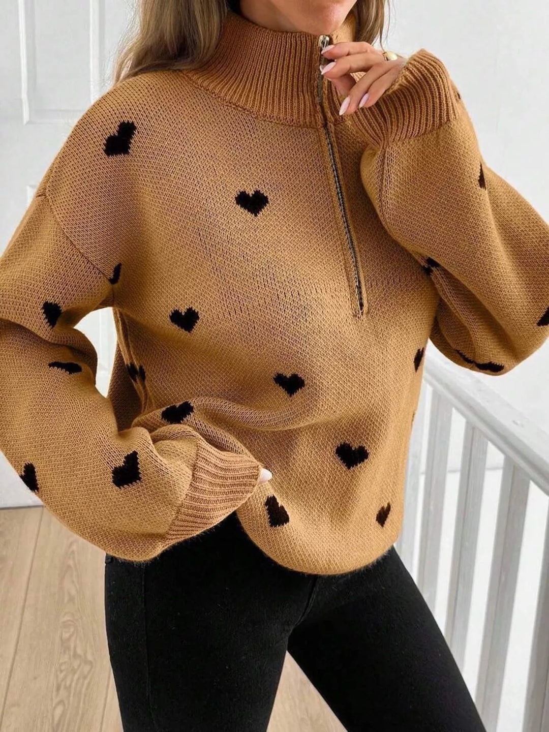 Caramel Heart print half-zip mock neck sweater with drop shoulders