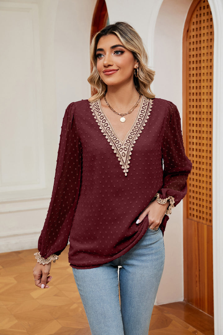Wine Swiss dot V-neck blouse with crochet lace trim and cuffs