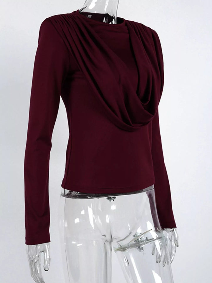Draped cowl neck long sleeve top with ruched sides