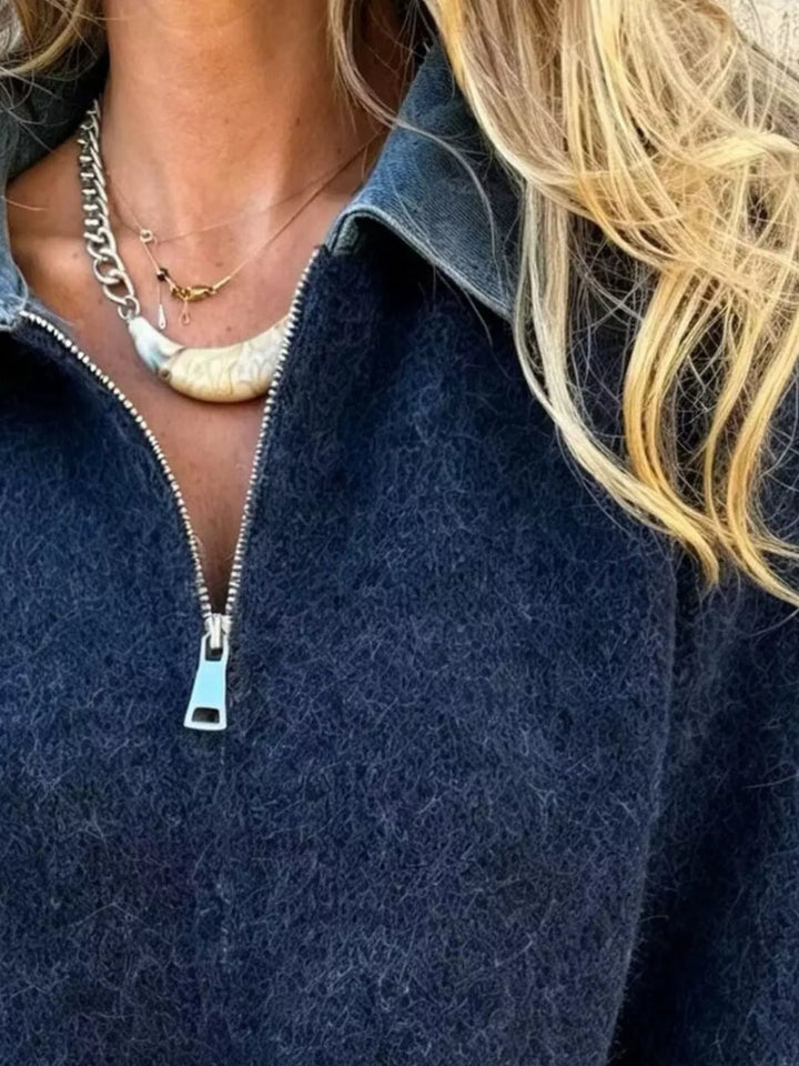 Denim collar half-zip knit sweater with layered hem