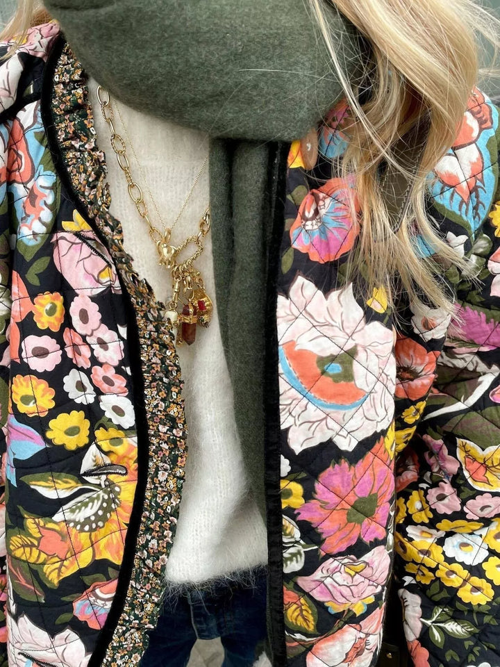 Floral print quilted jacket with sherpa lining and contrast trim