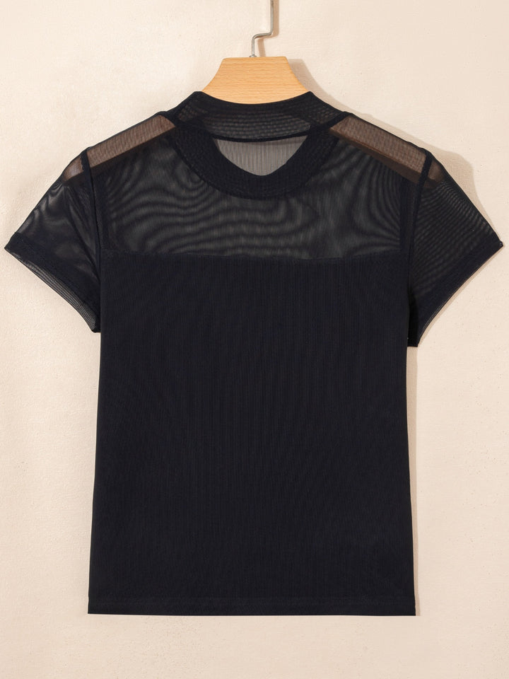 Sheer mesh yoke cap sleeve top with ruched waist
