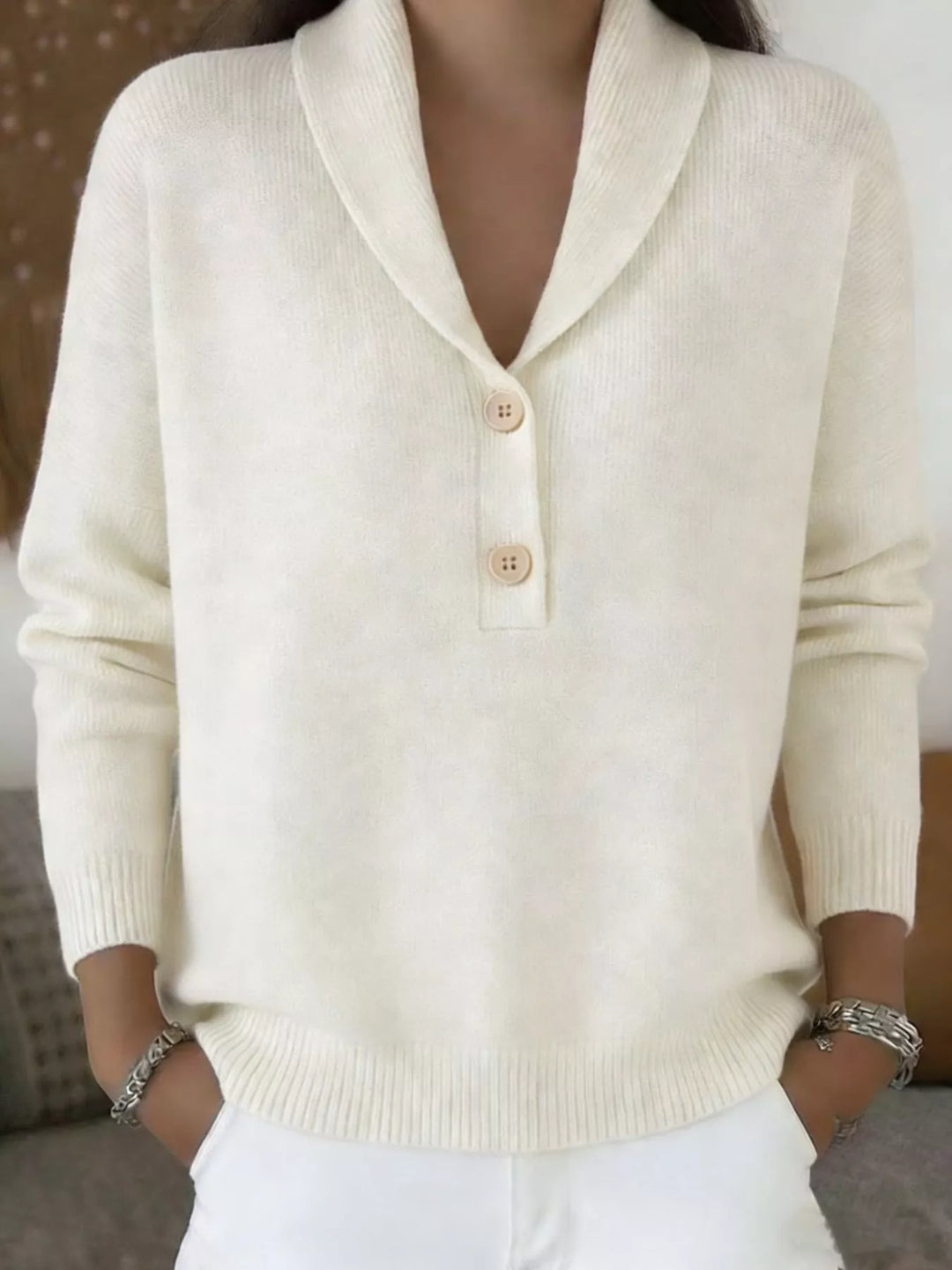White Shawl collar button placket pullover sweater