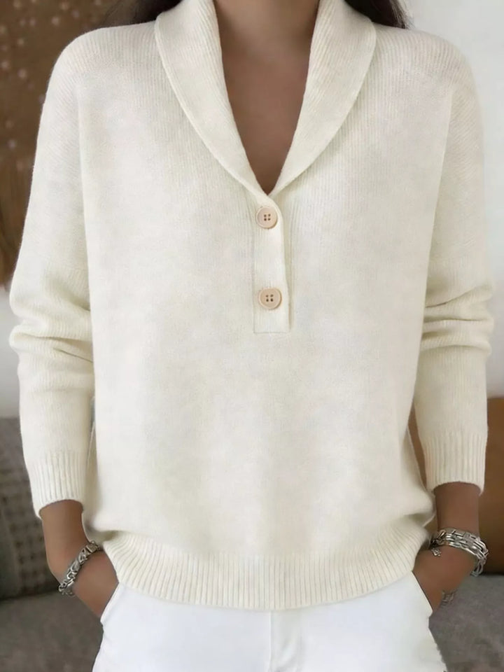 White Shawl collar button placket pullover sweater