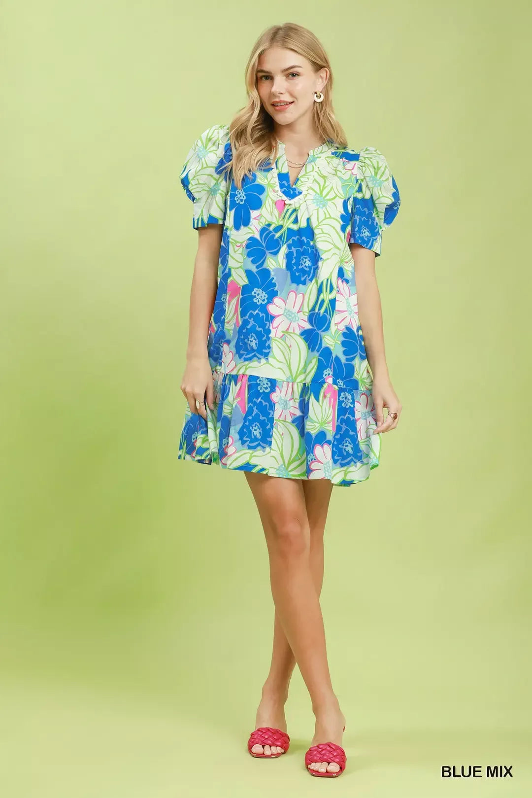 Floral puff sleeve tiered mini dress with split neckline