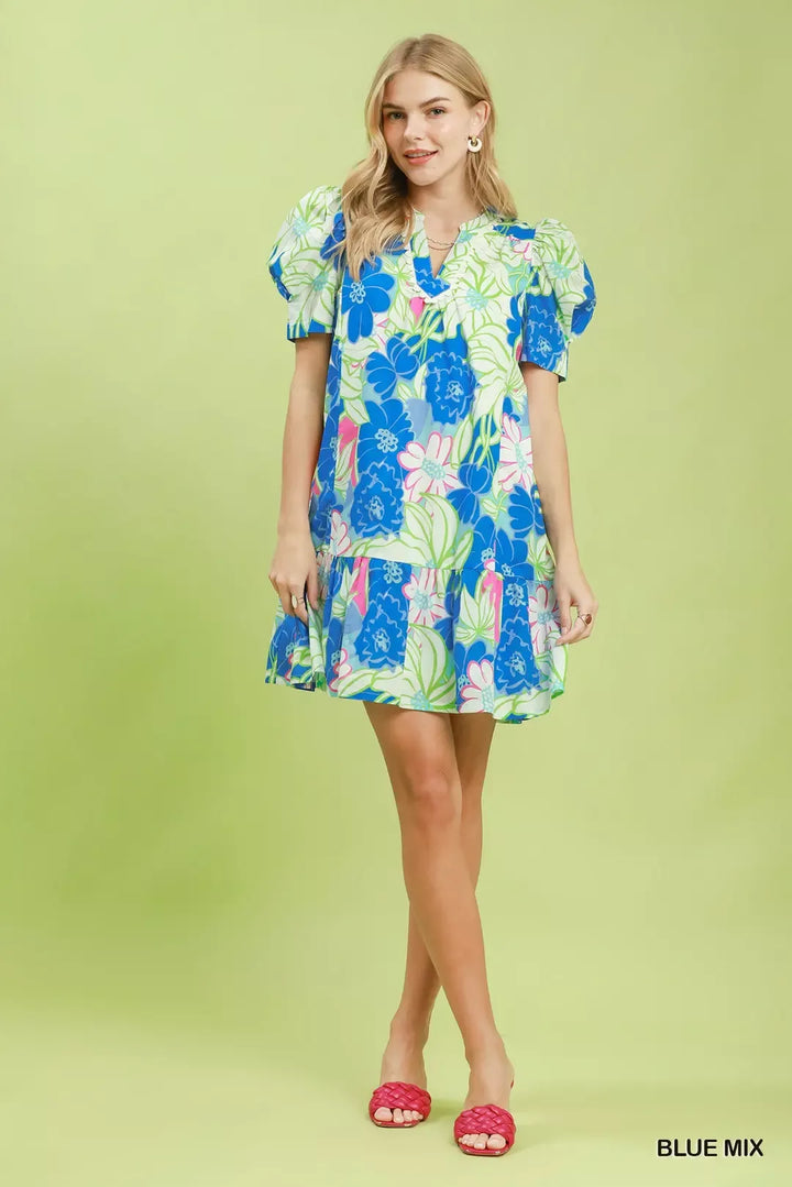 Floral puff sleeve tiered mini dress with split neckline