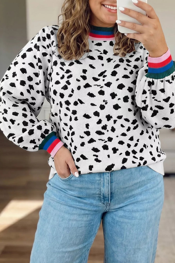White Animal print sweater with striped rib trim and balloon sleeves
