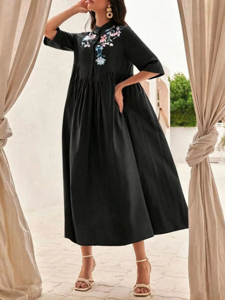 Floral embroidered button-front collared midi dress
