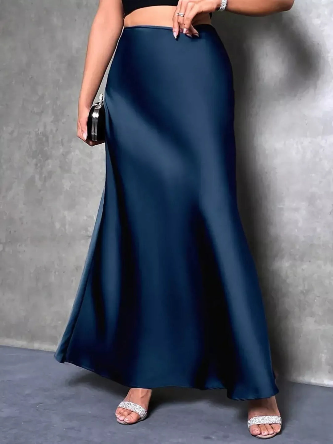 Peacock  Blue High-waist satin maxi skirt with side slit