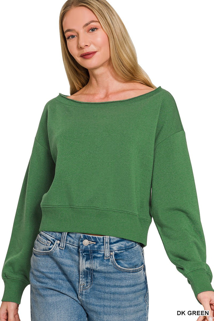 DK GREEN Cropped fleece boat-neck sweatshirt with ribbed hem