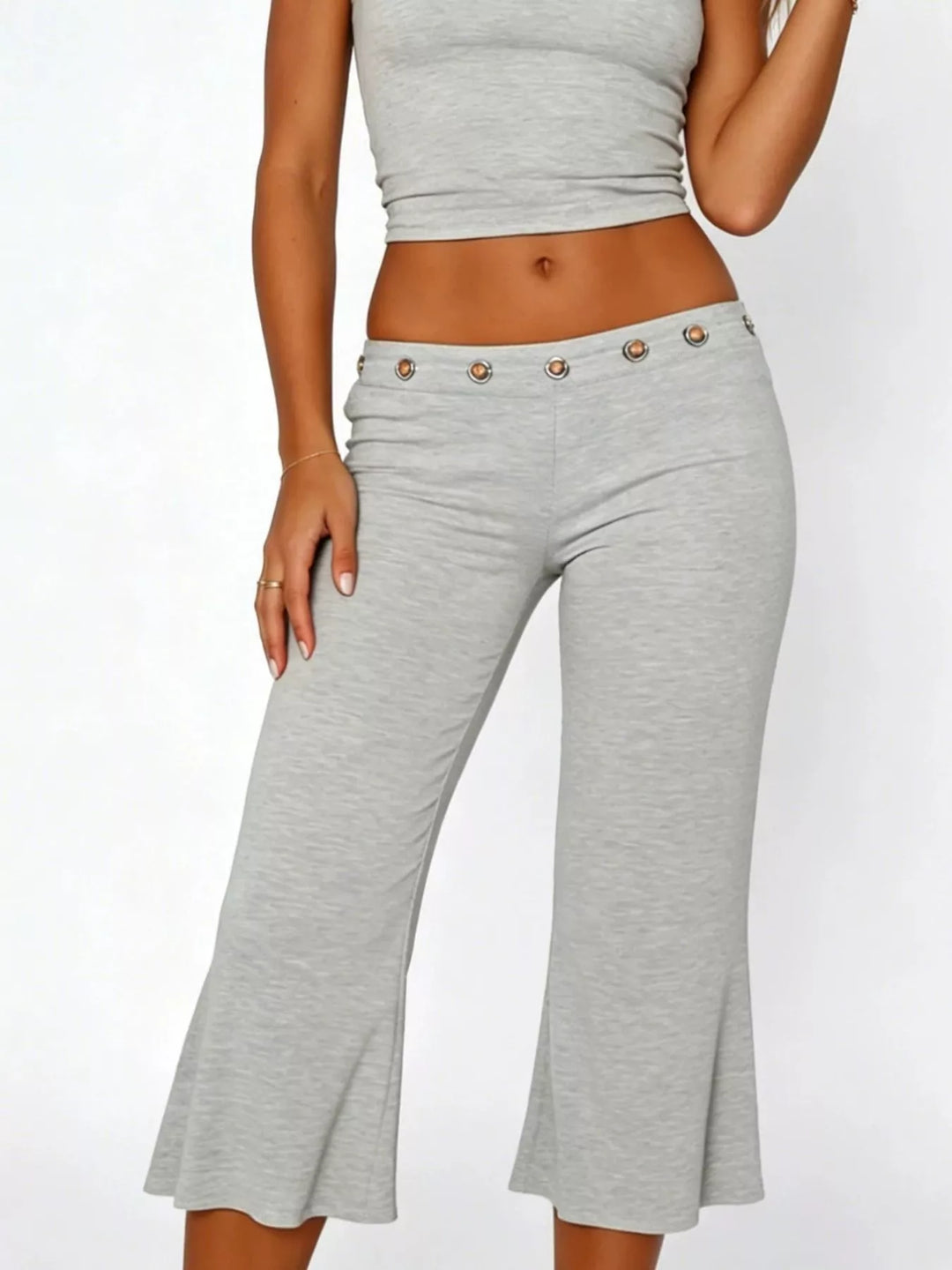 Light Gray Mid-rise wide-leg capri pants with gold-button waistband