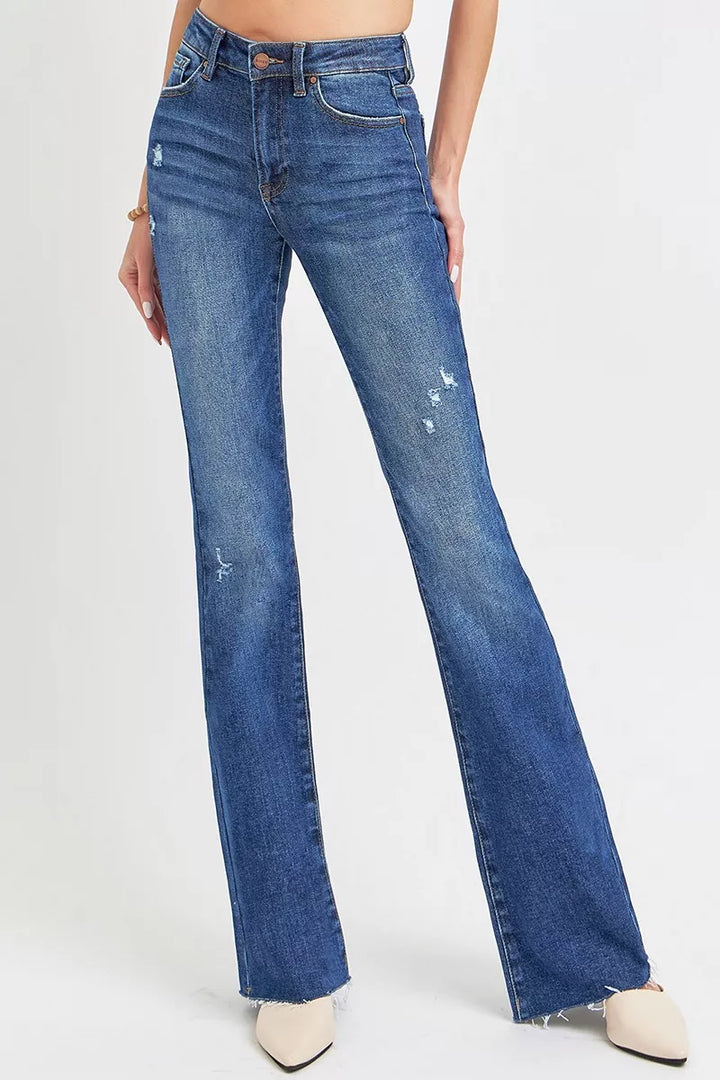 Distressed mid-rise flare jeans with raw hem