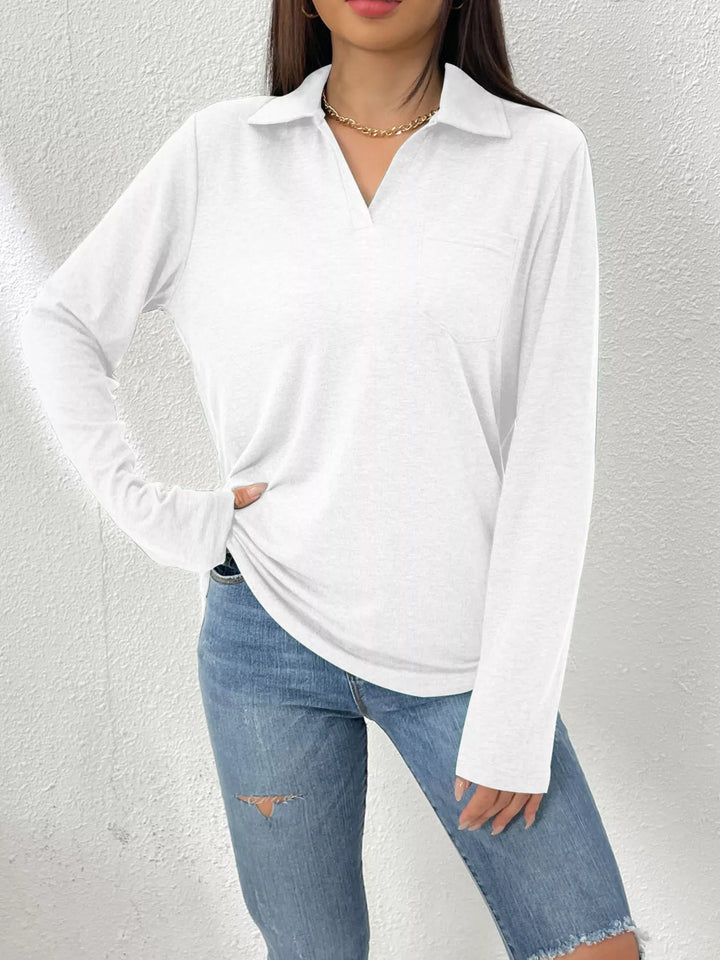 White Collared long sleeve polo top with chest pocket