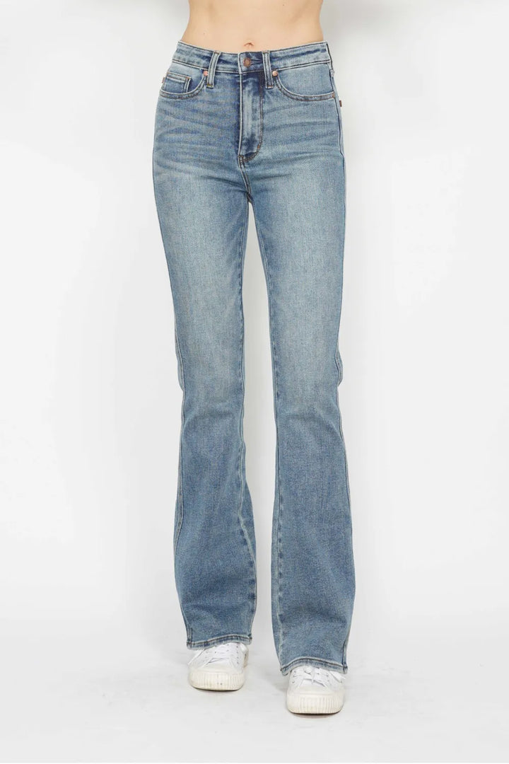 LONG INSEAM High-rise tummy control bootcut jeans with embroidered pockets