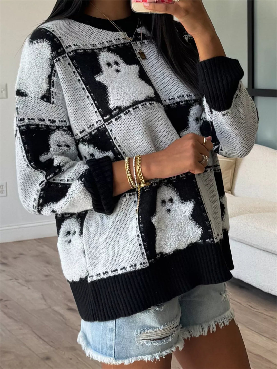 Fuzzy ghost checkered drop shoulder knit sweater