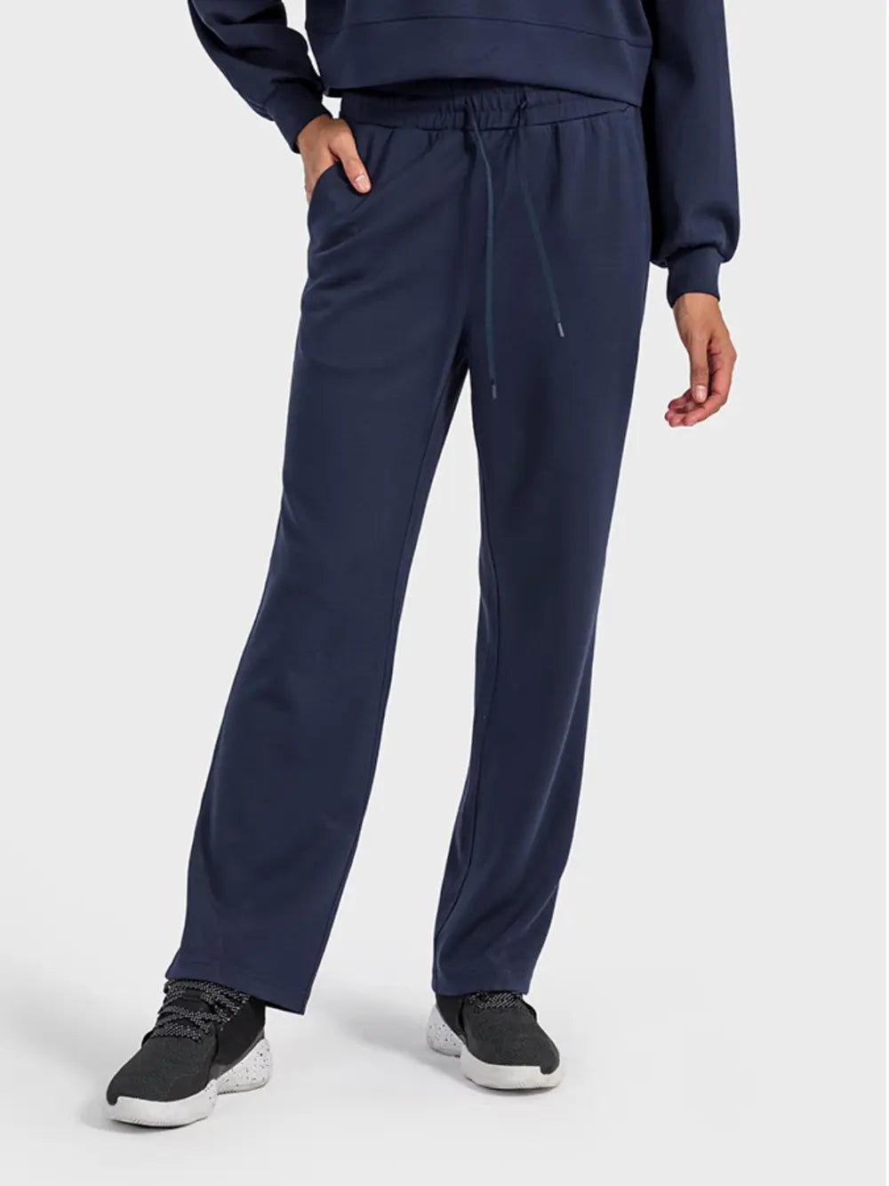 Dark Blue Drawstring straight leg sweatpants with pockets