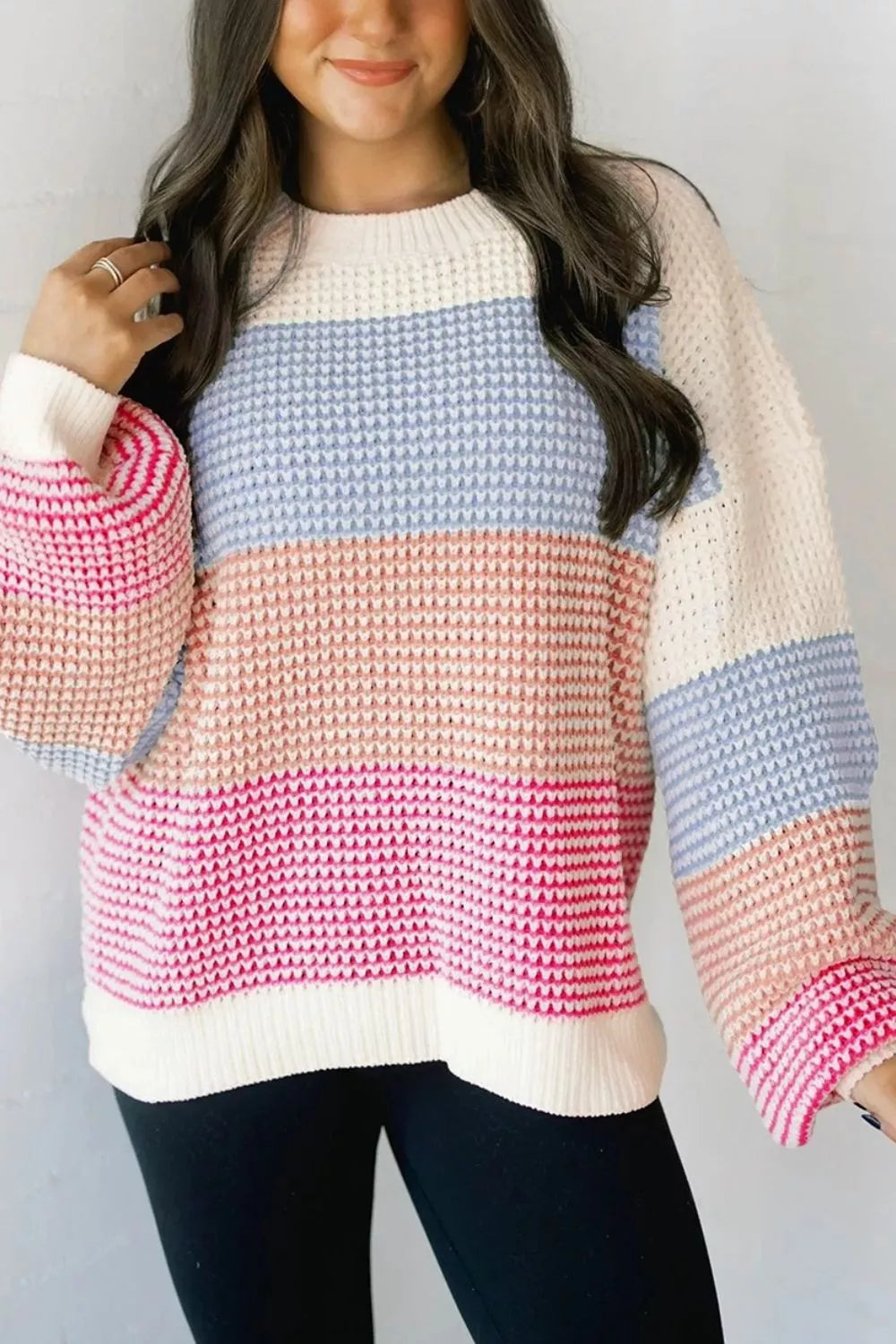 Multicolor Color block waffle knit drop shoulder sweater