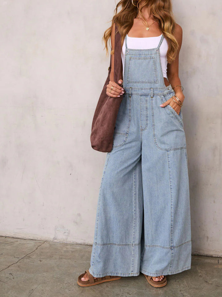Light Blue Relaxed wide-leg denim overalls with adjustable straps
