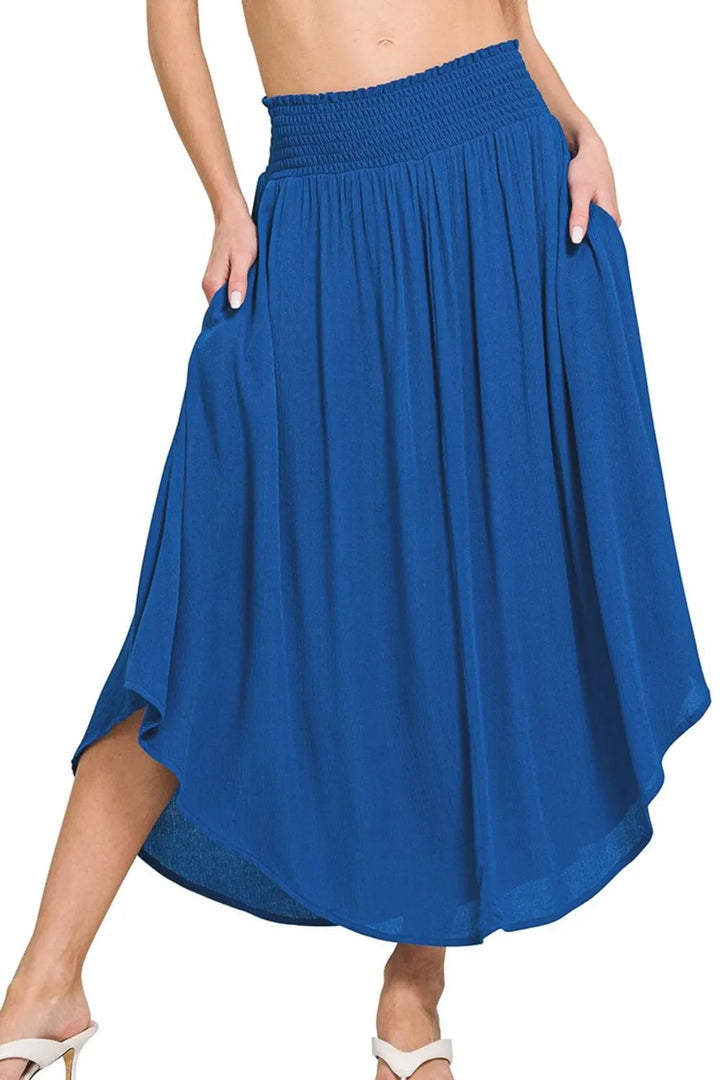 CLASSIC BLUE Crinkle woven high-low maxi skirt with smocked waist and pockets