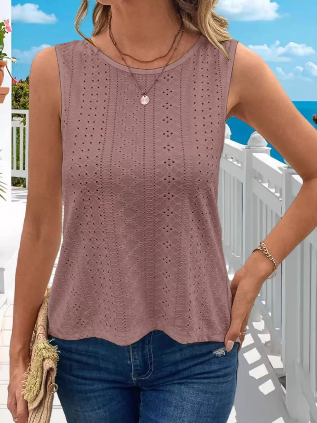 Bean Paste Powder Eyelet openwork crew-neck tank with scalloped hem
