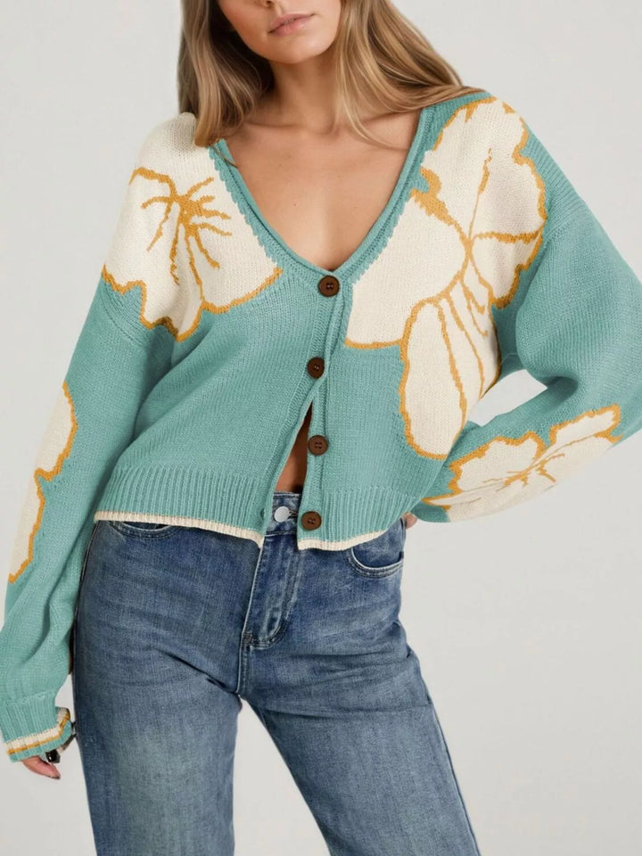 Green Floral intarsia knit cardigan with deep V-neck and buttons
