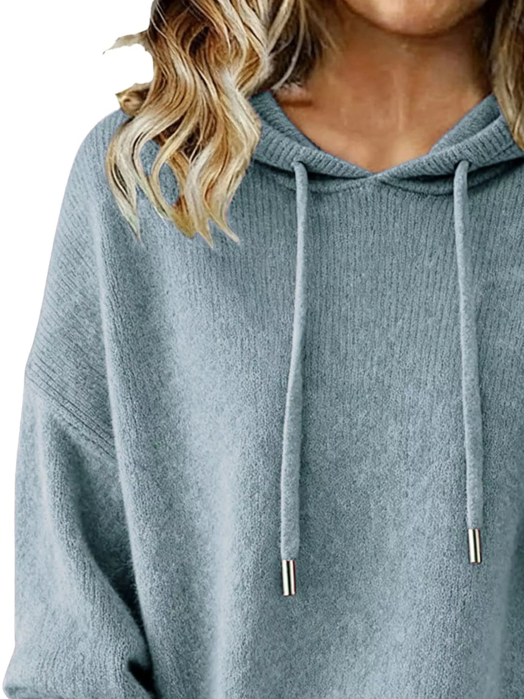 Drawstring hooded knit pullover sweater with ribbed cuffs