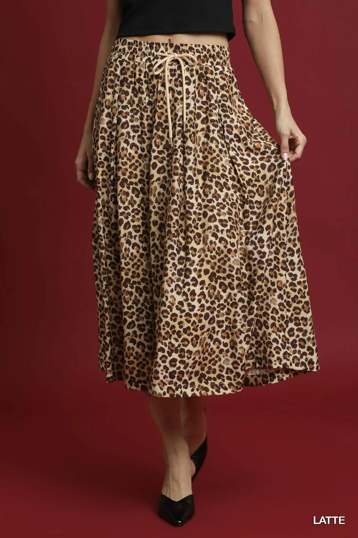 LATTE Pleated leopard print drawstring midi skirt