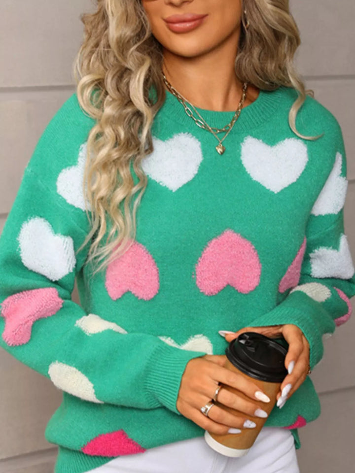 Green Fuzzy heart color-block crew neck knit sweater