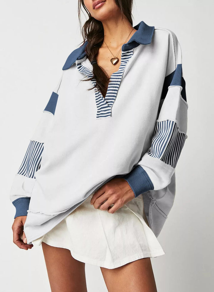 Color block striped Johnny collar sweatshirt with exposed seams
