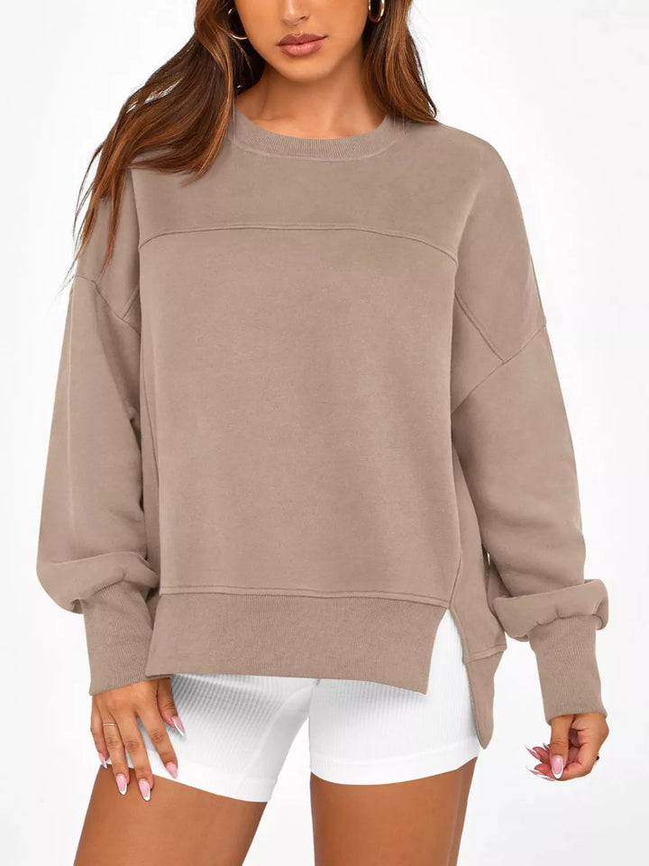Side slit drop-shoulder relaxed crewneck sweatshirt