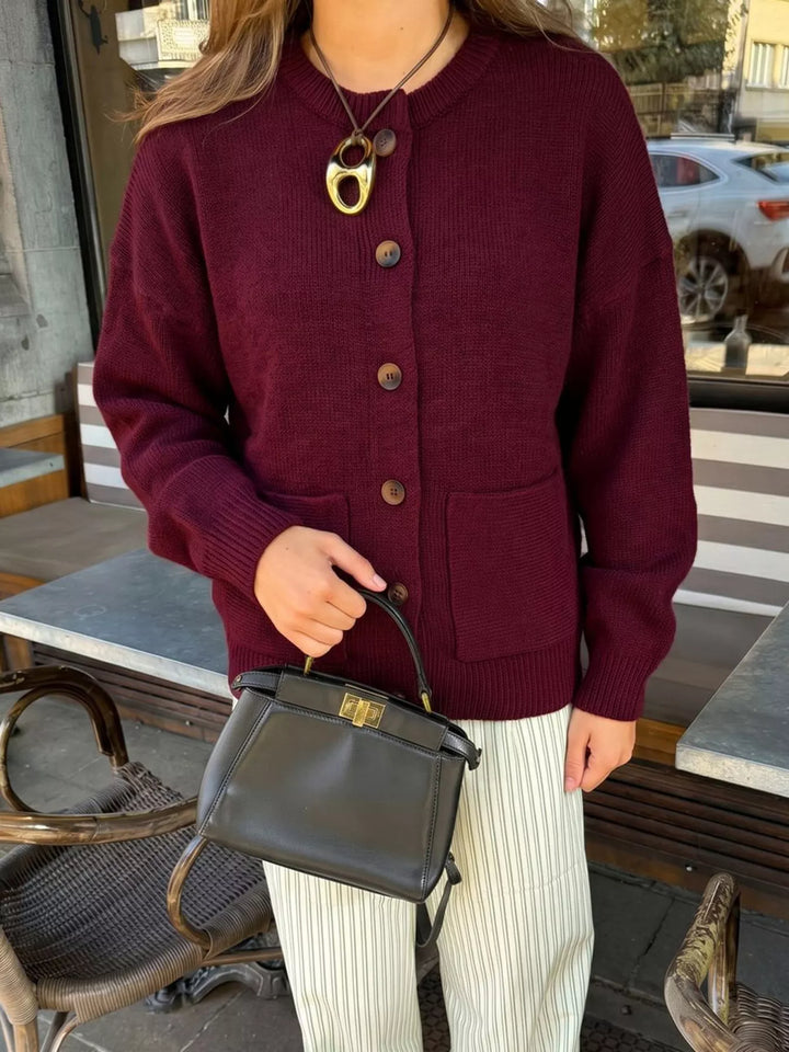 Button-front drop shoulder knit cardigan with patch pockets