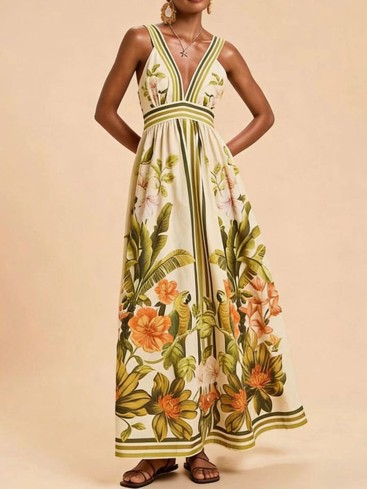 Tropical floral V-neck maxi dress with striped trim and smocked back