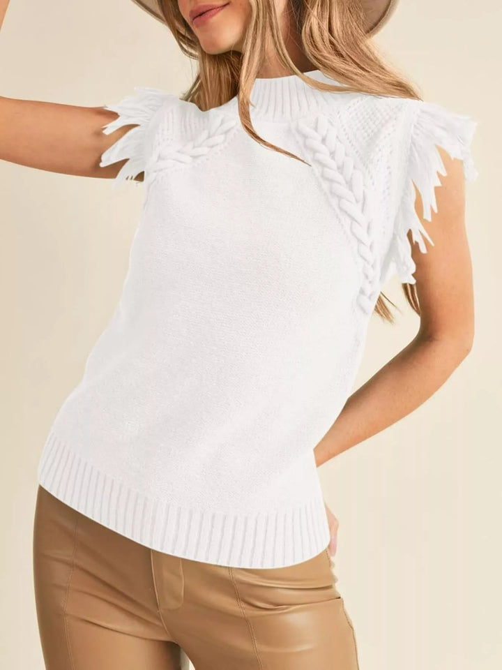 Fringe-trim braided cable knit mock neck sweater top