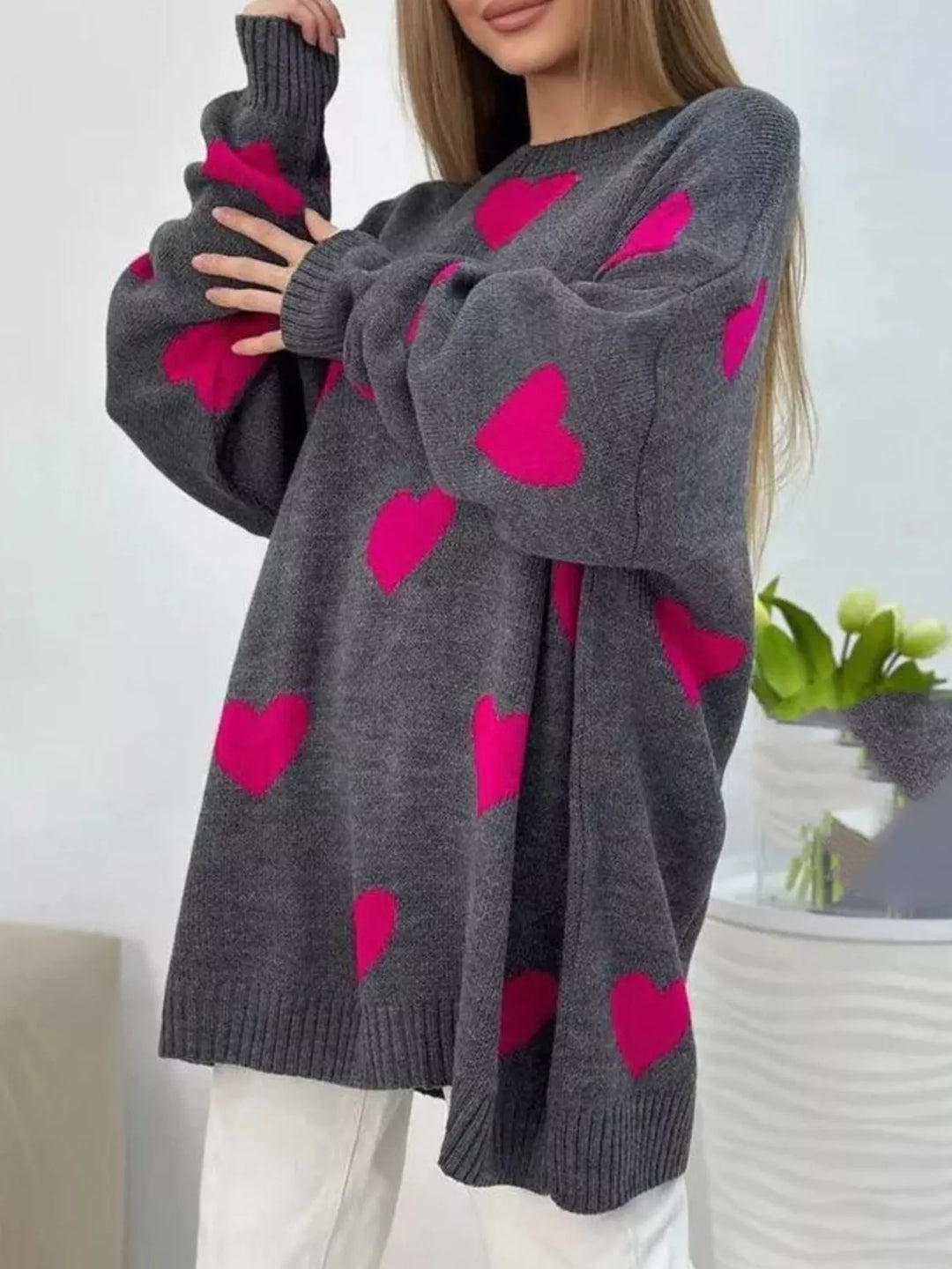 Dark Gray Oversized heart-print knit sweater with drop shoulders