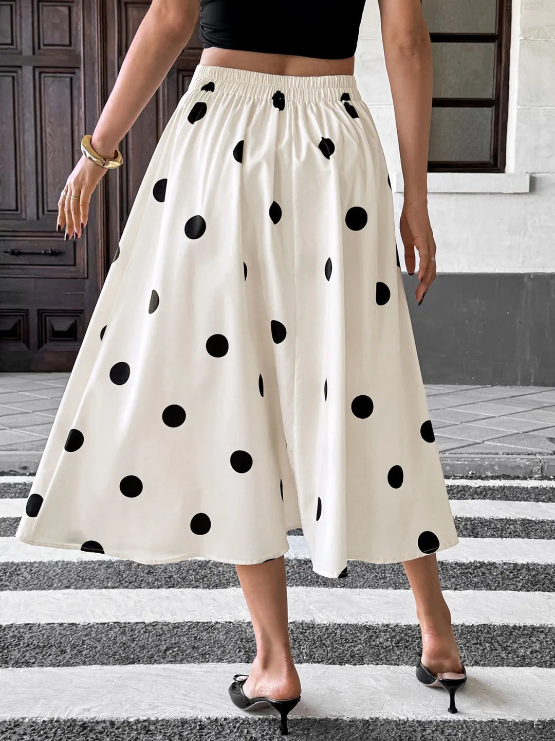 Pleated polka dot button-front midi skirt