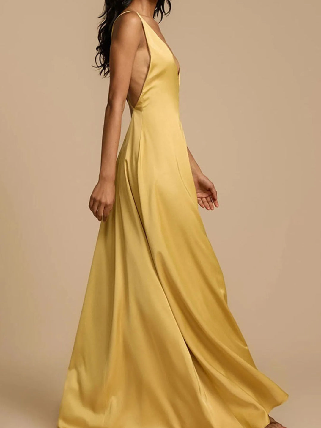 Backless deep V-neck satin maxi dress with crisscross back