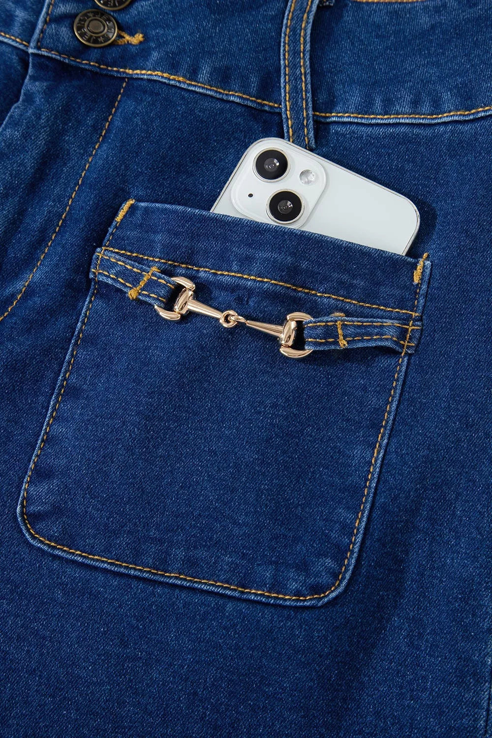 Wide leg jeans with gold bit hardware patch pockets