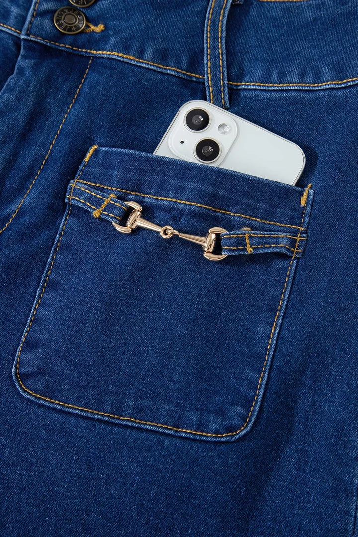 Wide leg jeans with gold bit hardware patch pockets