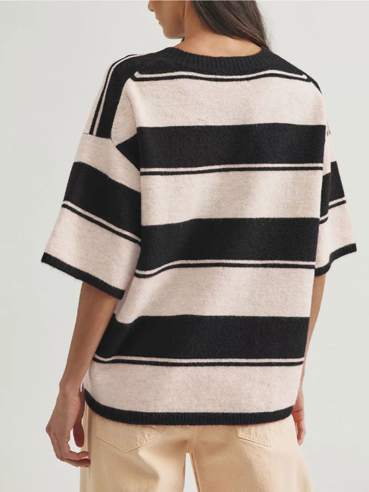Striped short sleeve knit sweater with ribbed trim