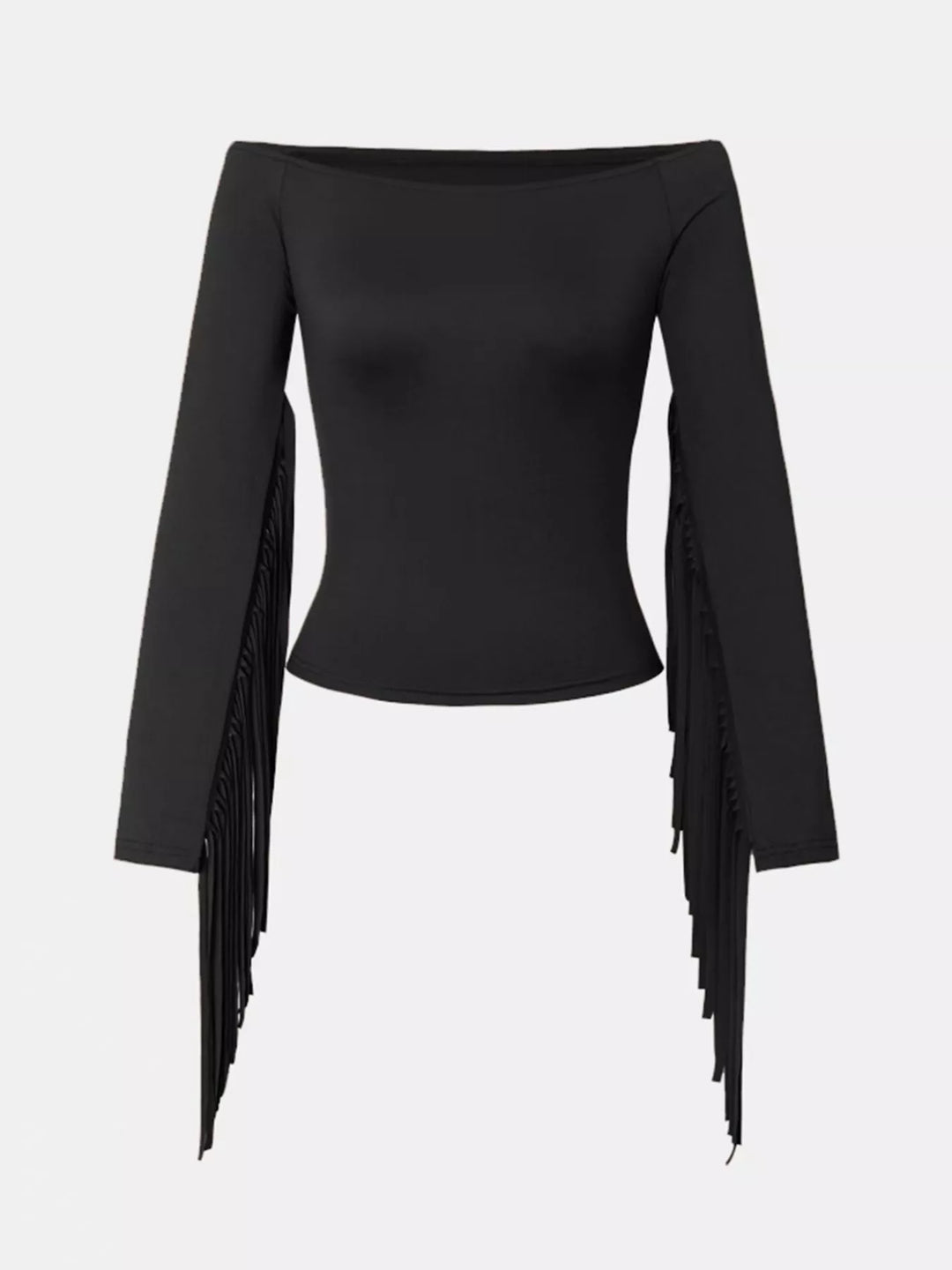 Off-shoulder fringe-sleeve fitted long sleeve top